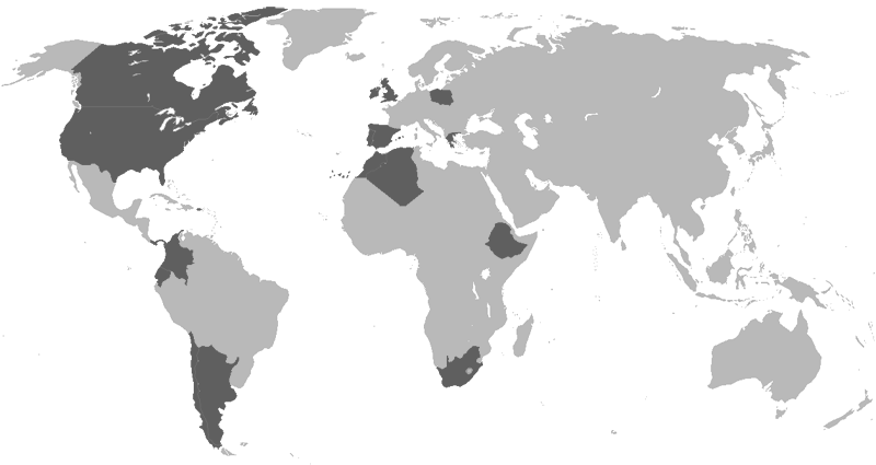 Carte du monde montrant les pays où des projets de grande vitesse ont été réalisés (Amérique du Nord, Chili, Argentine, Colombie, Grande-Bretagne, Afrique du Sud, Maroc, Portugal et Espagne, entre autres).