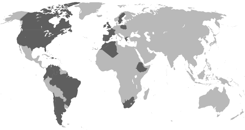 World map showing the countries where building projects have been carried out (North America, Chile, Argentina, Brazil, Colombia, Great Britain, Portugal and Spain among others).