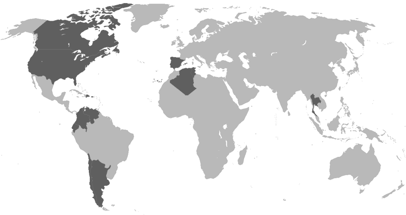 World map showing the countries where construction projects have been carried out (North America, Chile, Argentina, Colombia, Portugal and Spain among others)