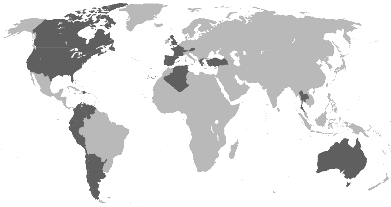 World map showing the countries where building projects have been carried out (North America, Chile, Argentina, Colombia, Australia, Portugal and Spain among others).